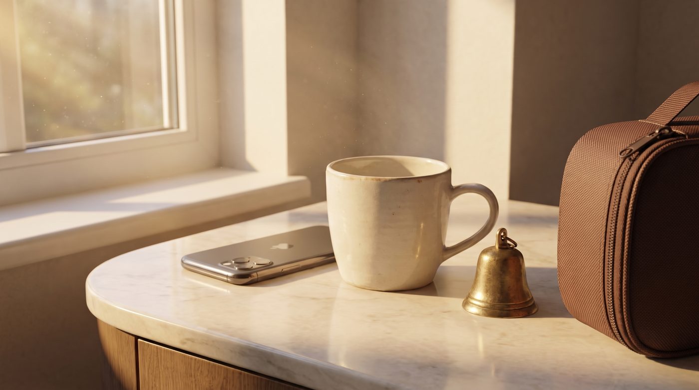 A phone, a cup and a brass bell on marble — we reply within one working day