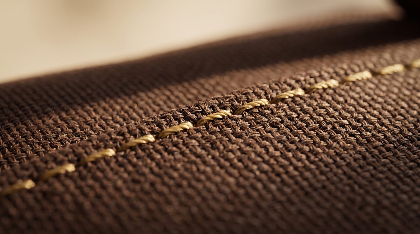 The cooling bag's insulated ballistic weave with gold stitching, up close