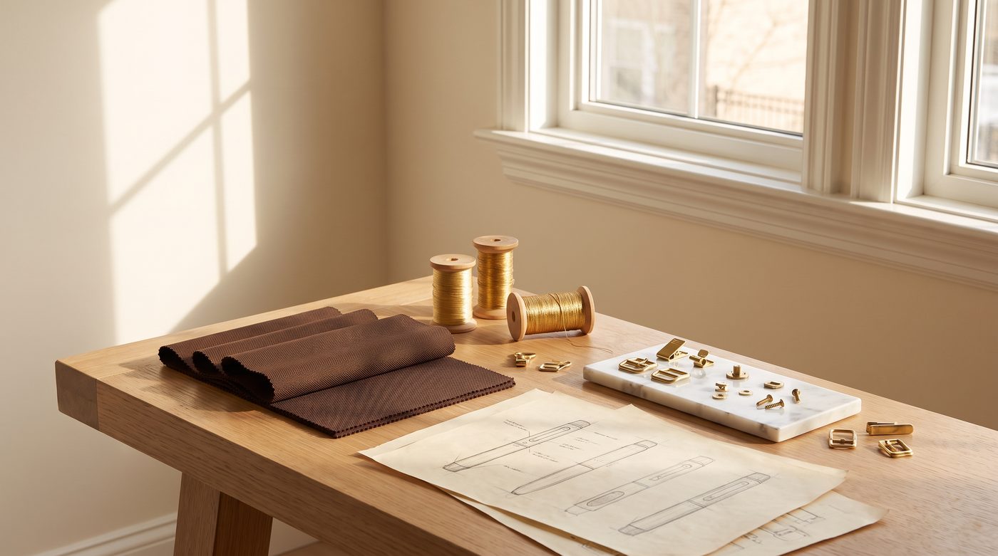 The Elixir design bench: fabric swatches, gold thread, fittings and sketches in morning light