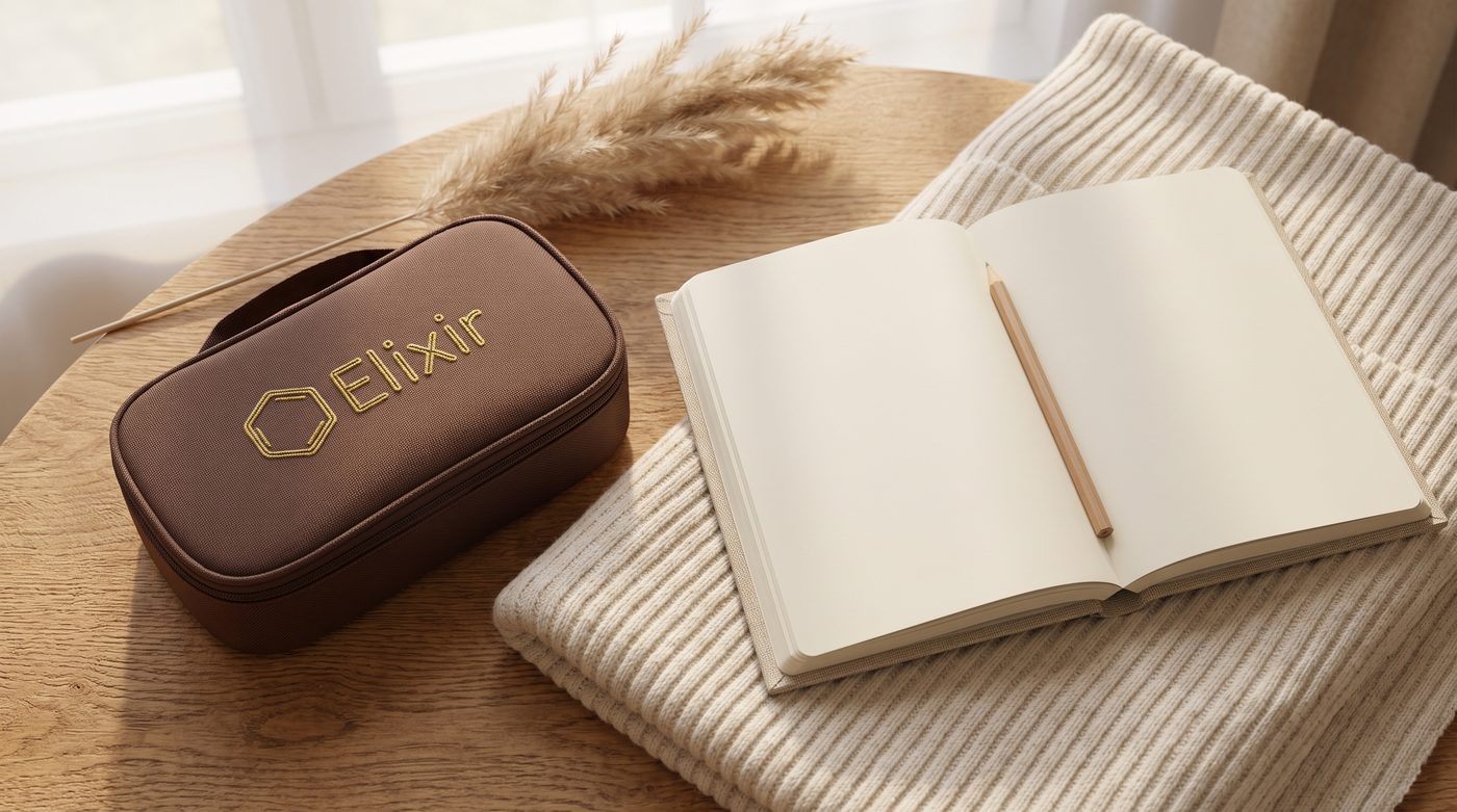 The Journal desk — a notebook, pencil and the Elixir case in morning light