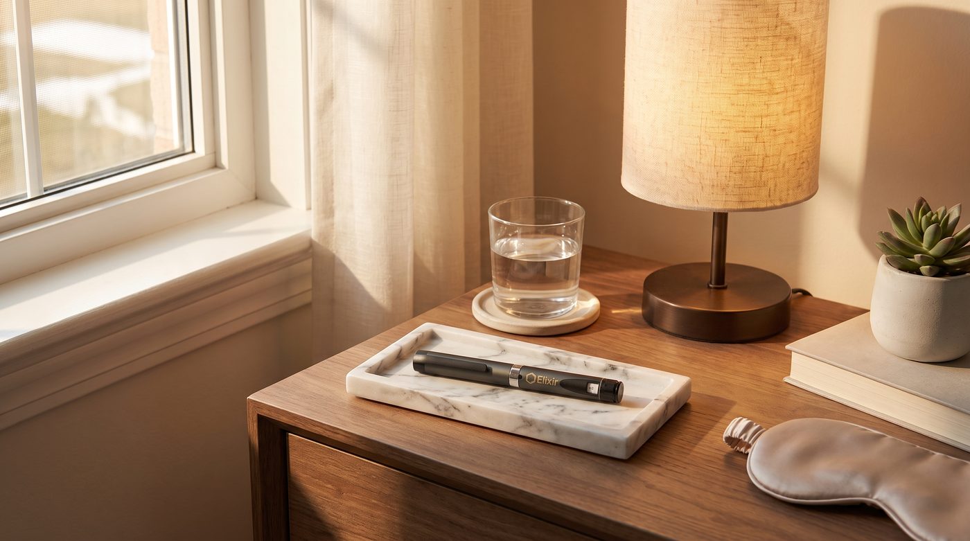 The Elixir pen resting on a marble tray at home — the routine, kept simply