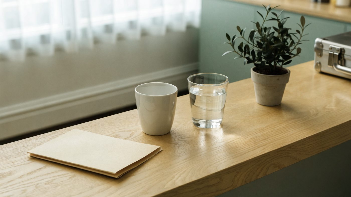 A pale oak counter with a folded blank card, a ceramic cup, a glass of water and a small olive plant in soft daylight