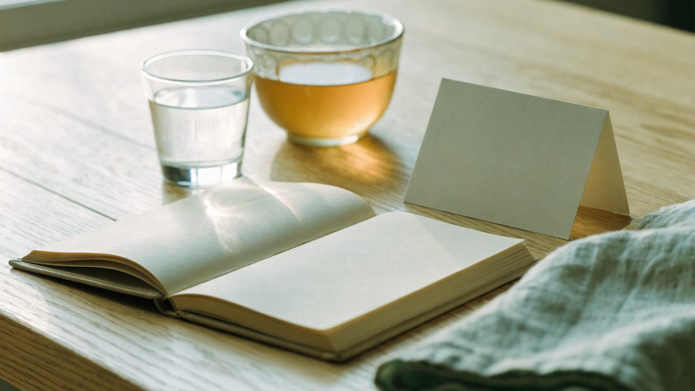 An open blank notebook and a folded card on a pale oak table beside a cup of tea and a glass of water in morning light