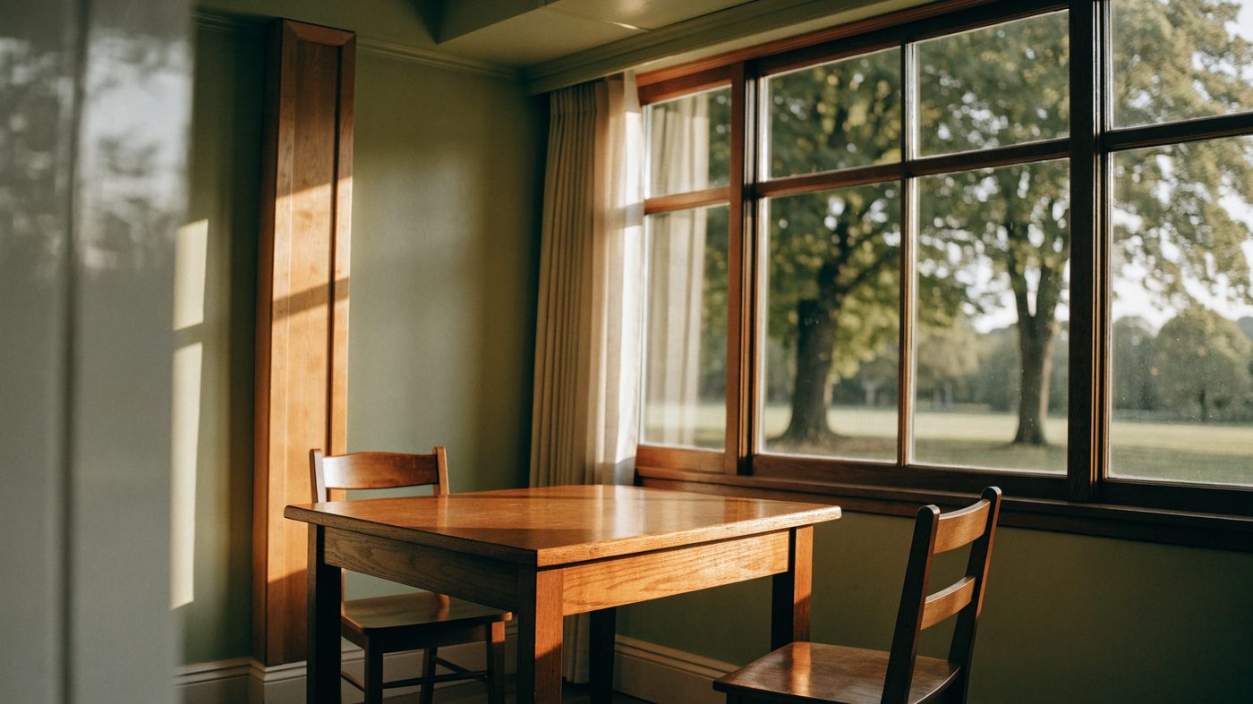 A quiet room in a mid-century community building, a wooden table and two chairs beside a wide window looking onto mature trees