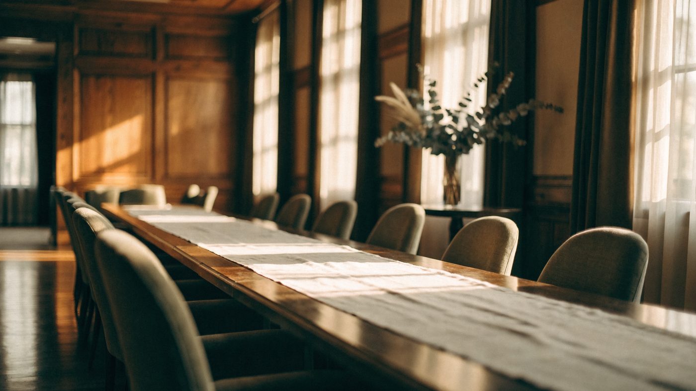 A members’ club room prepared for a private event — a long table with a linen runner and tall windows
