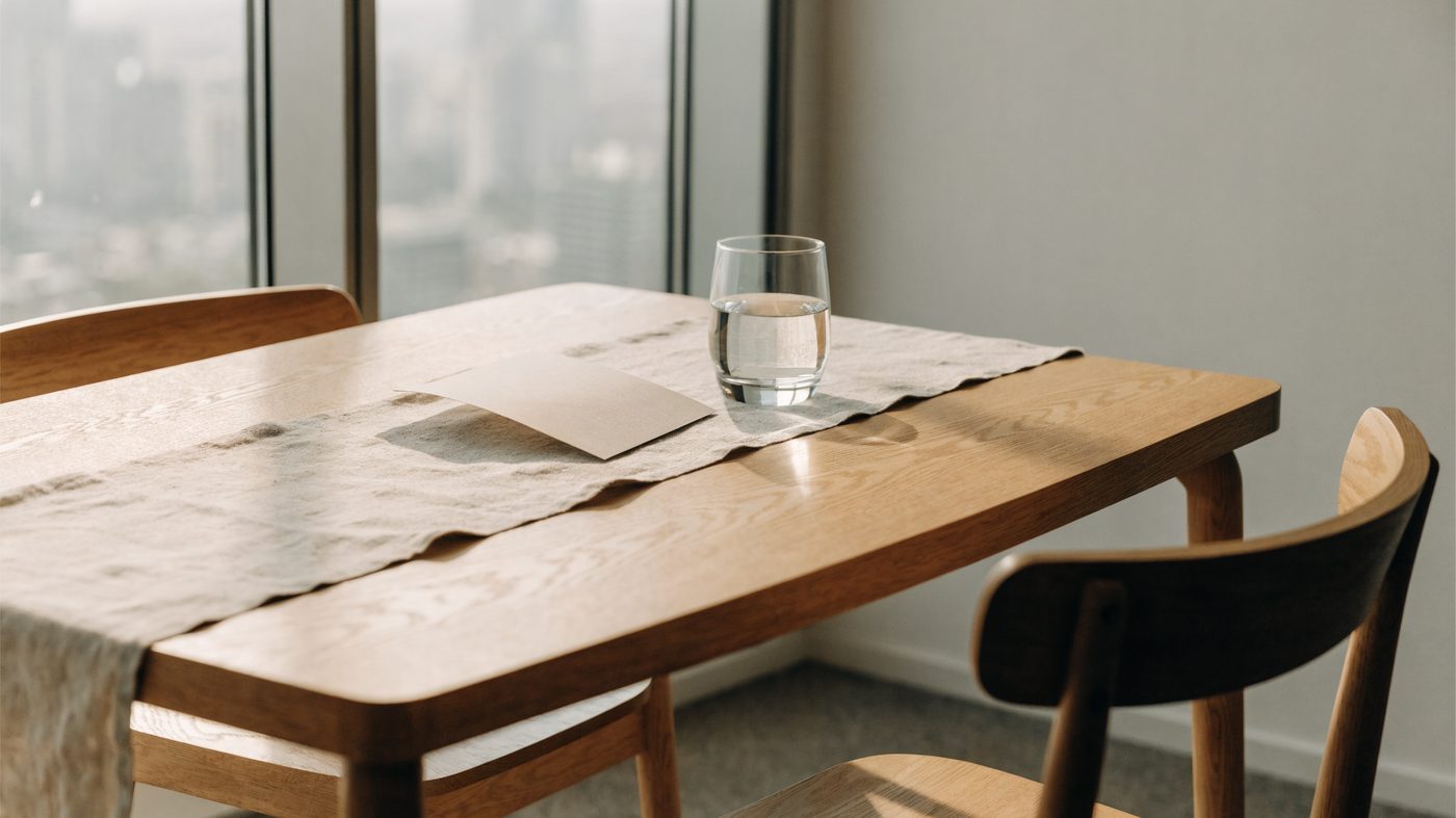 A quiet corner of a modern office with a pale oak table and two chairs beside a full-height window