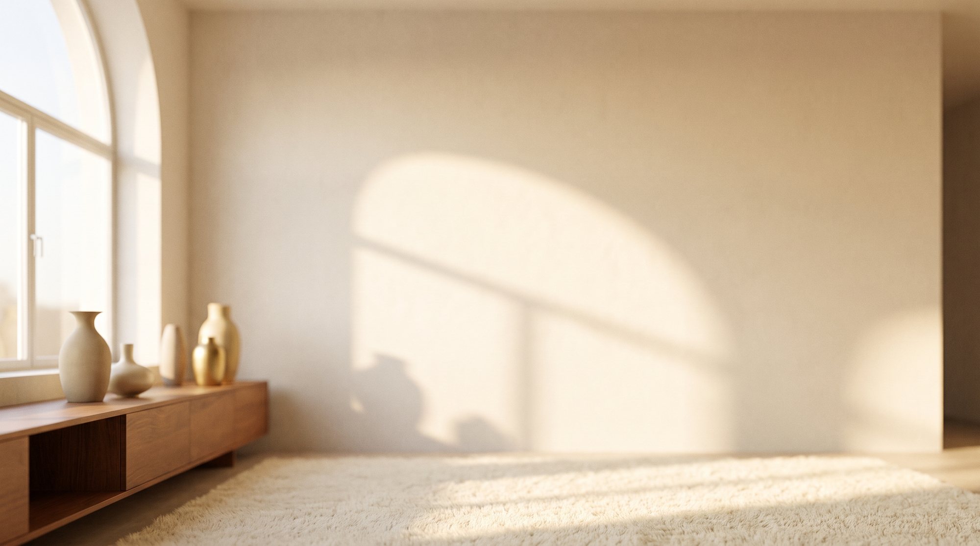 A calm, sunlit room with an arched window and a low wooden sideboard