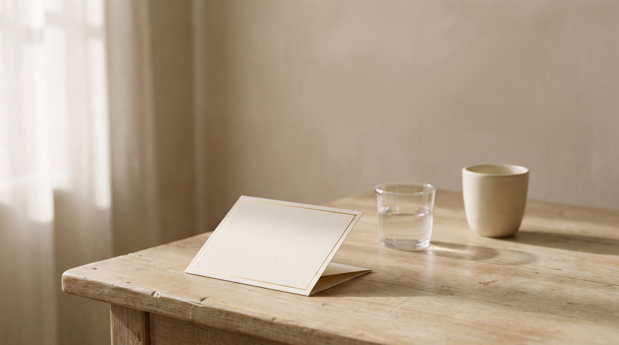 A folded result card, a glass of water and a cup on a pale desk in window light