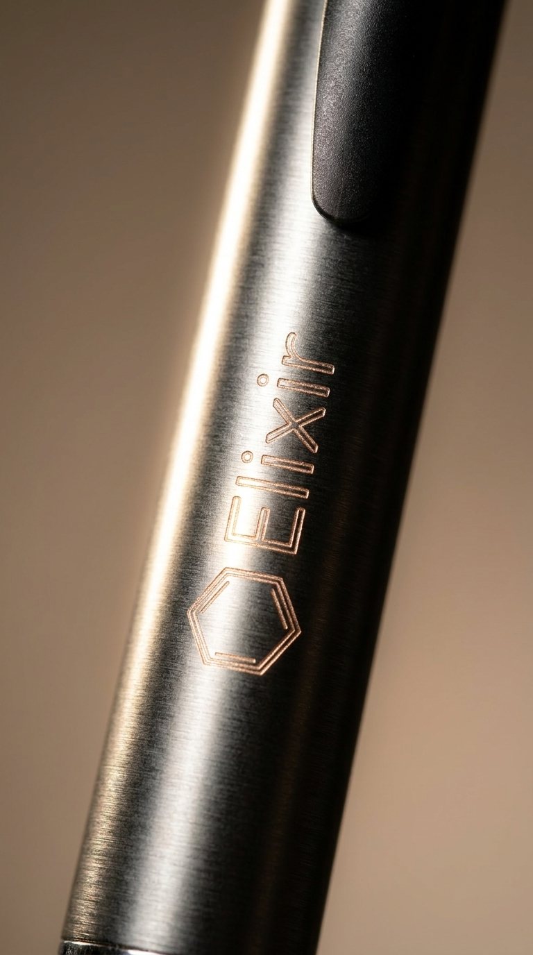 Close-up of the engraved Elixir mark on the pen barrel
