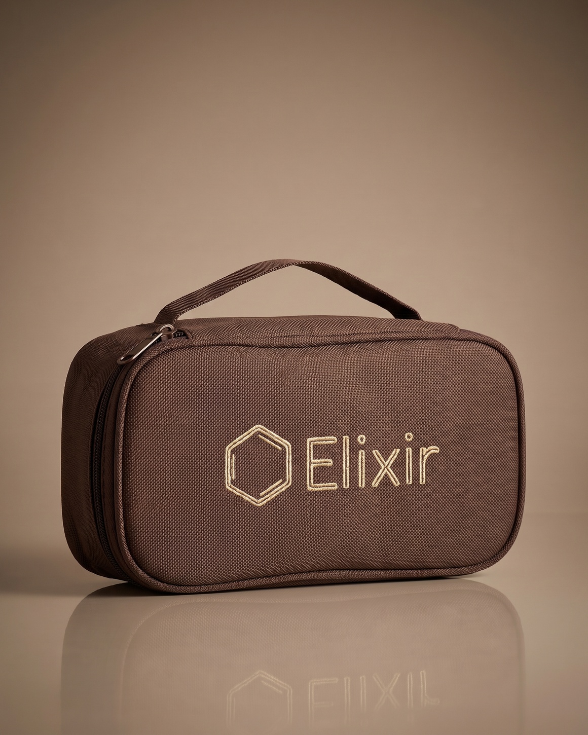 The Elixir Case, laid flat on a marble ledge against a warm brown wall