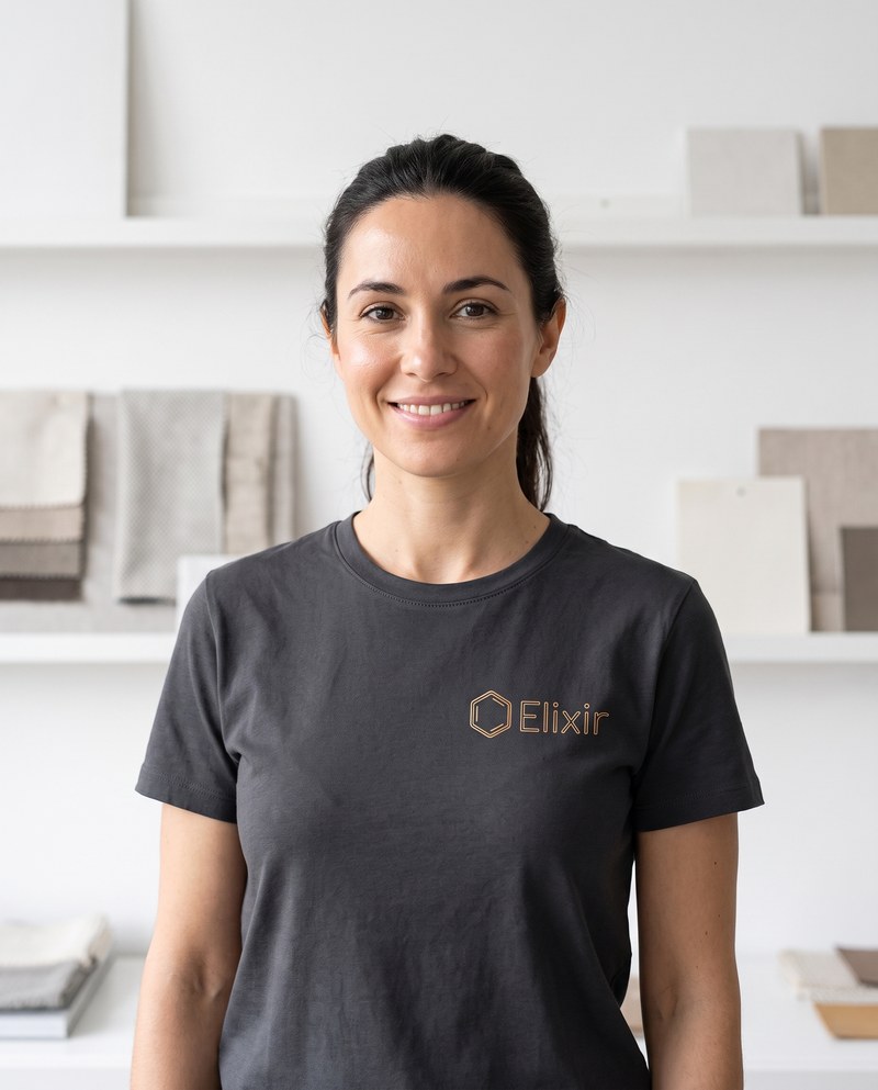 A member of the Elixir team in a branded Elixir t-shirt, in the design studio