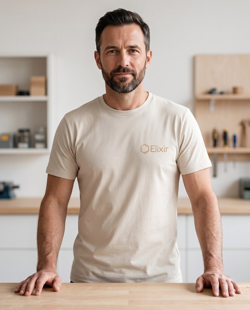 A member of the Elixir team in a branded Elixir t-shirt, at the workbench