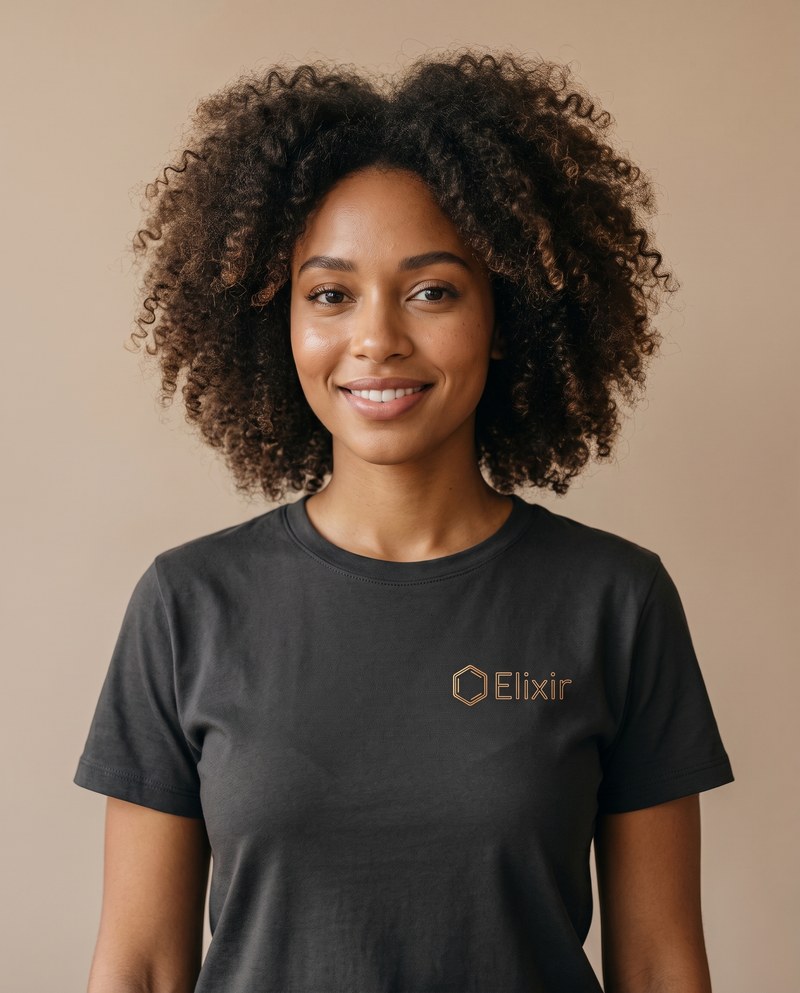 A member of the Elixir team in a branded Elixir t-shirt