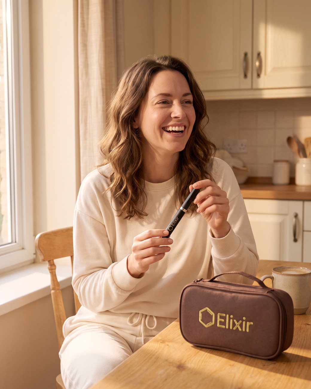 A woman at home holding the Elixir pen, with the Elixir bag on the table